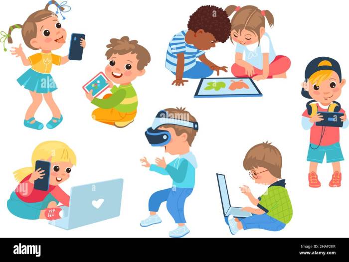 Kids with gadgets. Children hold different device. Boys and girls with ...